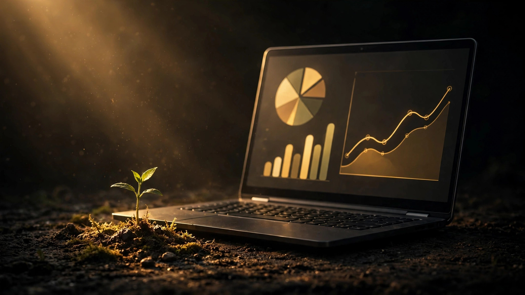 A laptop with analytics charts and a growing plant