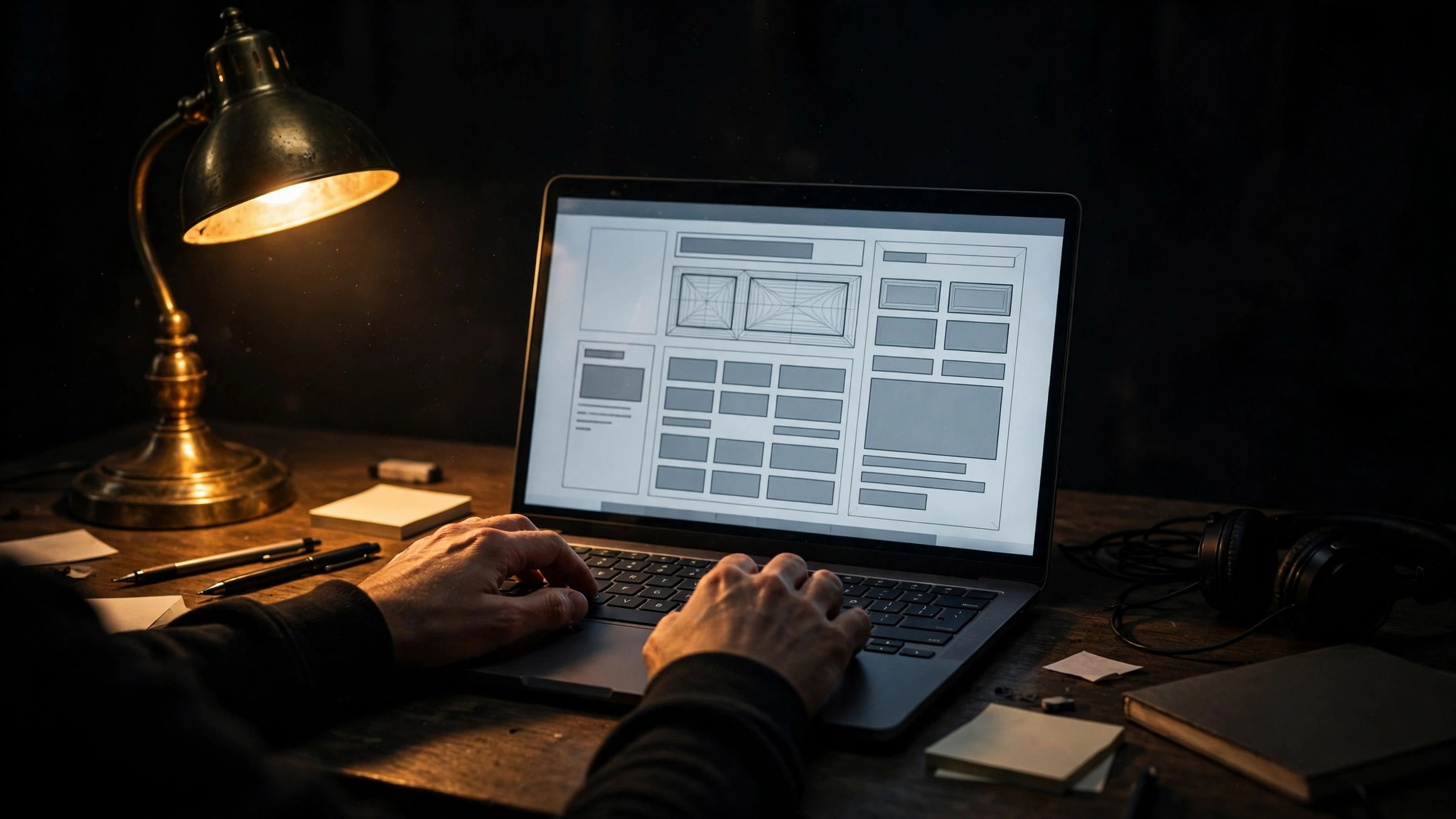 A designer building a website wireframe on a laptop