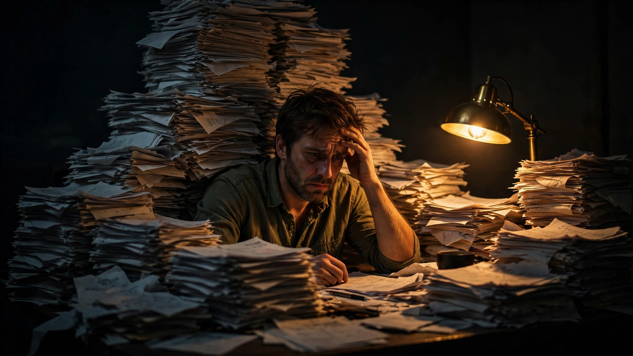 A small business owner buried under a stack of invoices