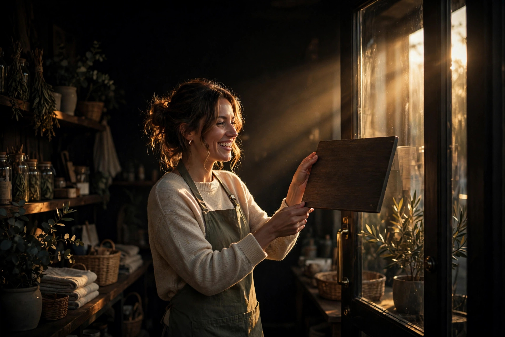 A small business owner flipping the shop sign to open